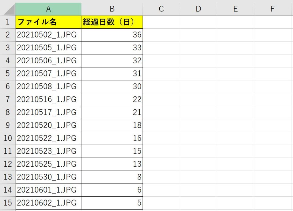 ファイル名と最終更新日を一括取得した結果