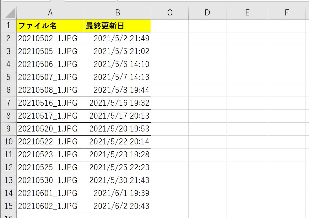 フォルダ内にあるファイル名と最終更新日をVBAで自動取得した結果