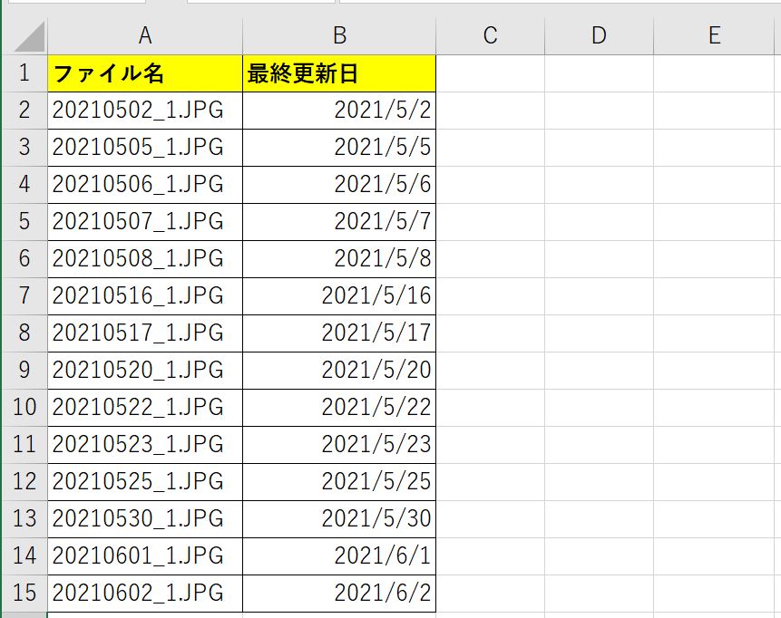 フォルダ内にある画像データのファイル名と最終更新時刻をVBAで自動出力した結果