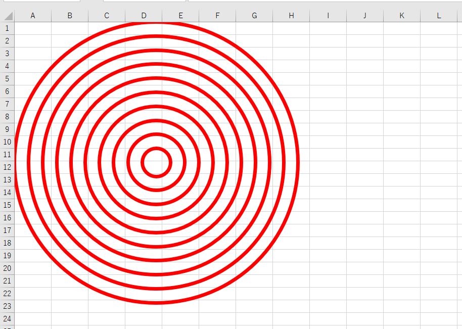 エクセル上で等間隔で円図形を作成したサンプル画像