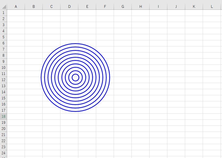 等間隔で円図形を作成した結果（線の色、太さを変更）