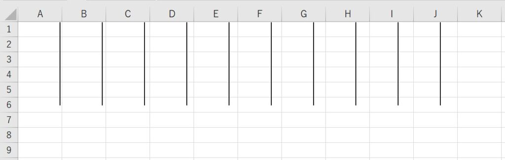 エクセル上で等間隔の直線図形を作成した例（線の色、太さ、長さを変更した場合）