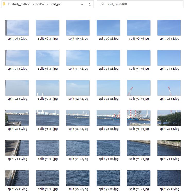 pythonで画像を分割したあとの結果