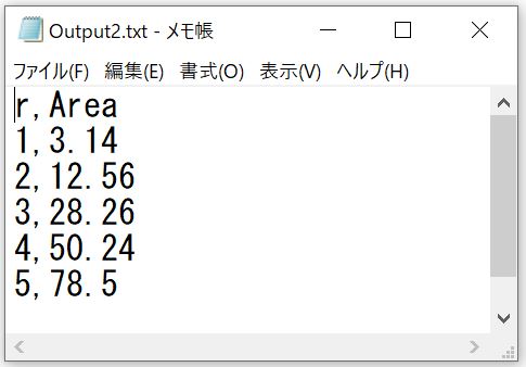 カンマ区切りでのアウトプットデータの確認