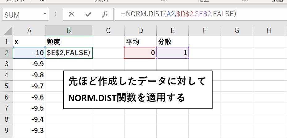 NORM.DIST関数を使っている様子