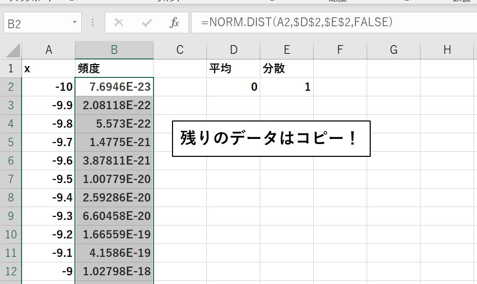 NORM.DIST関数を使っている様子