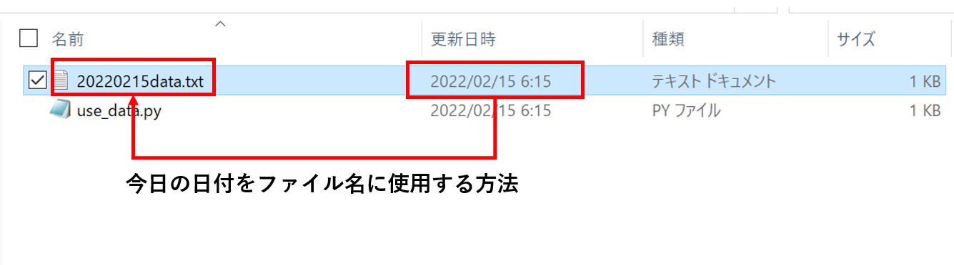 今日の日付をファイル名に使用したテキストファイルを作成している様子