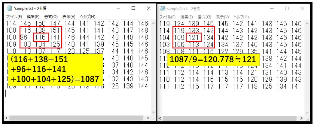 平滑化前後でのRGB値がどのように計算されているか確認した結果