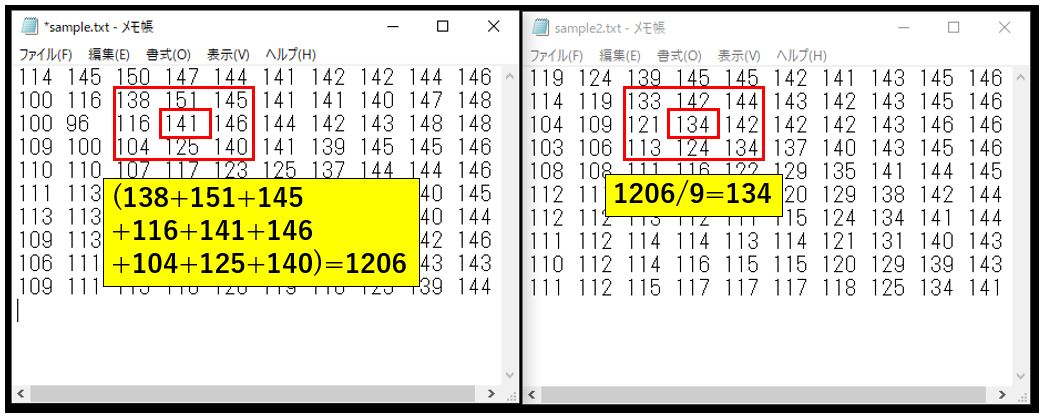 平滑化前後でのRGB値がどのように計算されているか確認した結果