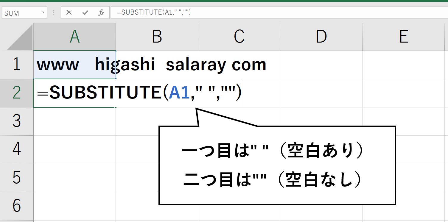 SUBSTITUTE関数で文字列から空白を削除している様子