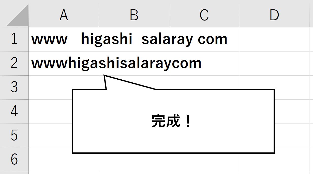 SUBSTITUTE関数を使って文字列から空白を削除した結果