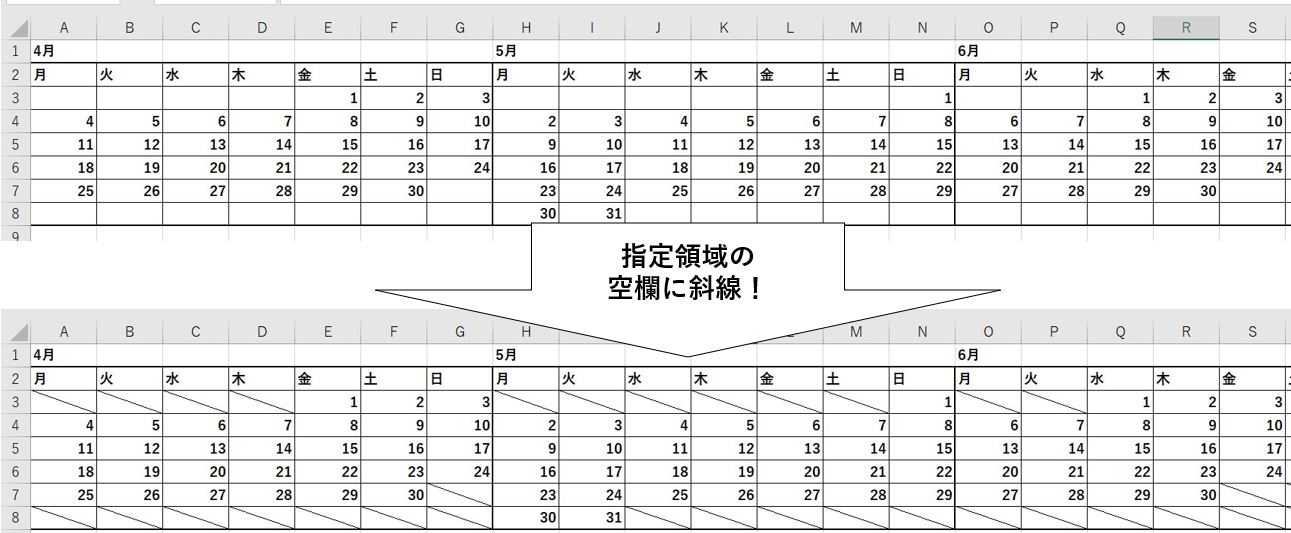 指定領域に一括で斜線を設定した様子