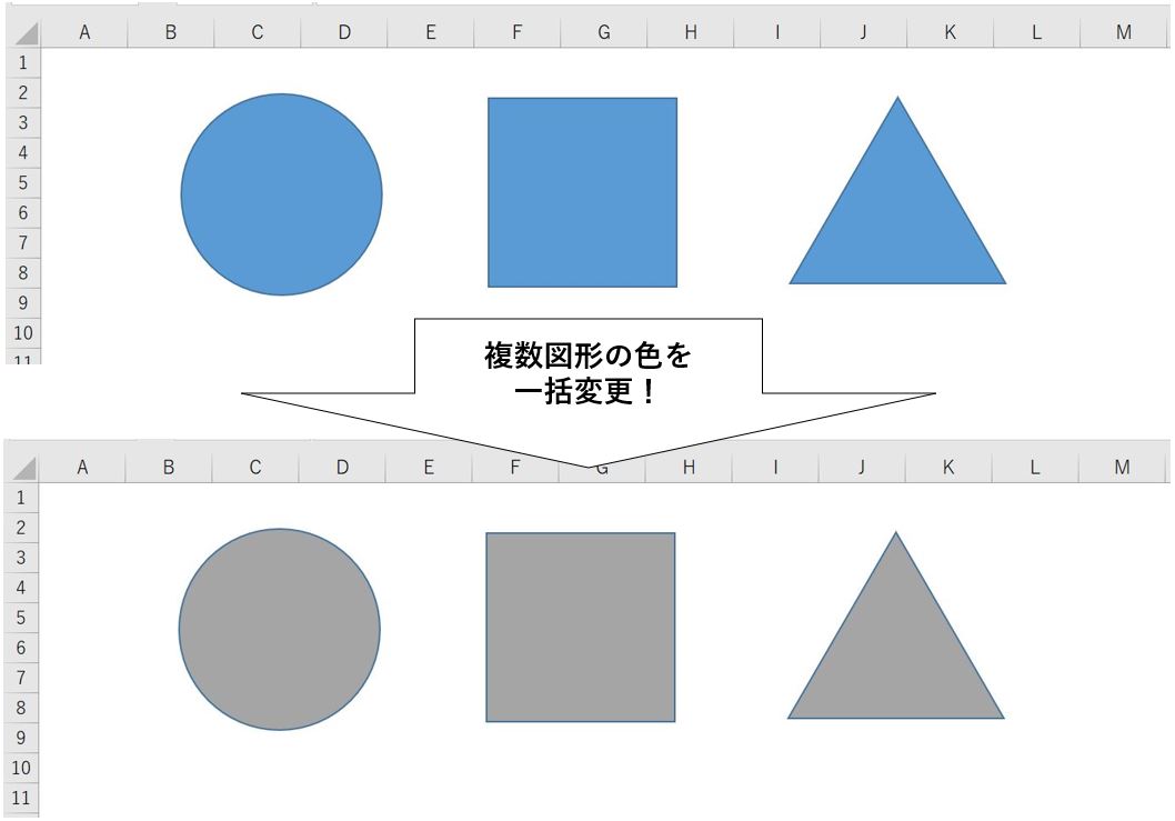 シート上図形の塗りつぶし色を一括変更するという概要図